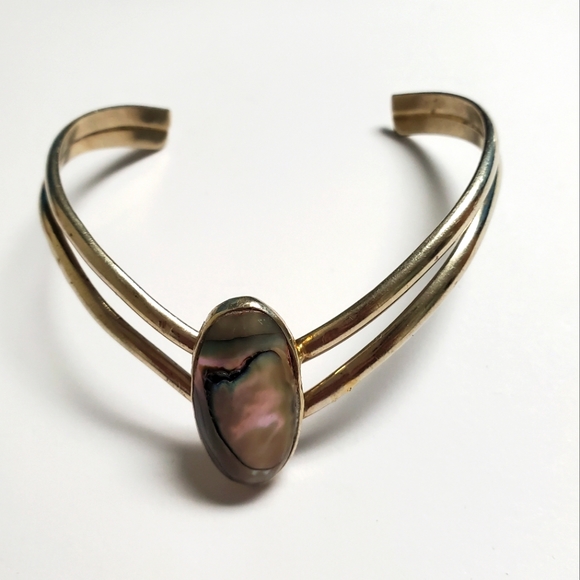 Vintage Silver Oval Abalone V Shape Bracelet Sterling silver made in Mexico. - Picture 1 of 3